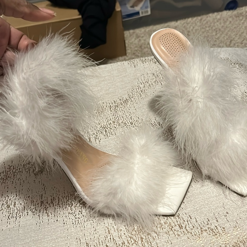 White sling back furry heel by azalea wang